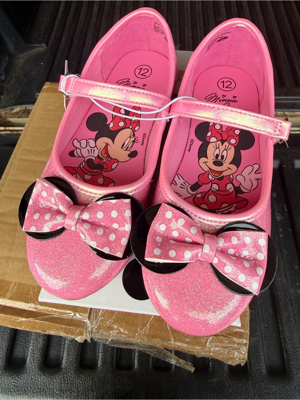 Disney Pink Glitter Minnie Mouse Mary Jane Shoes with Polka Dot Bow